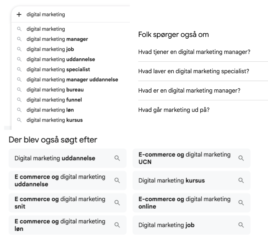 Google Autosuggest, Related Searches and People Also Ask results for the keyword Digital Marketing