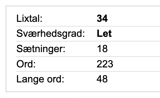 Screenshot of LIX calculator results for the SEO 101 blog post with a LIX score of 34.
