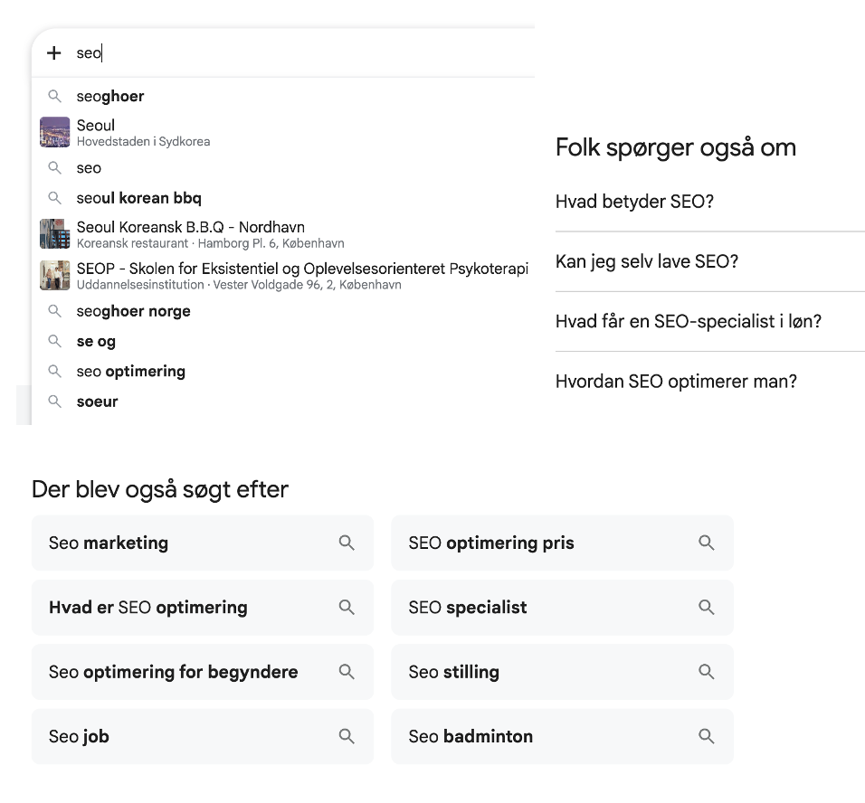 Google Autosuggest, Related Searches and People Also Ask results for the keyword SEO
