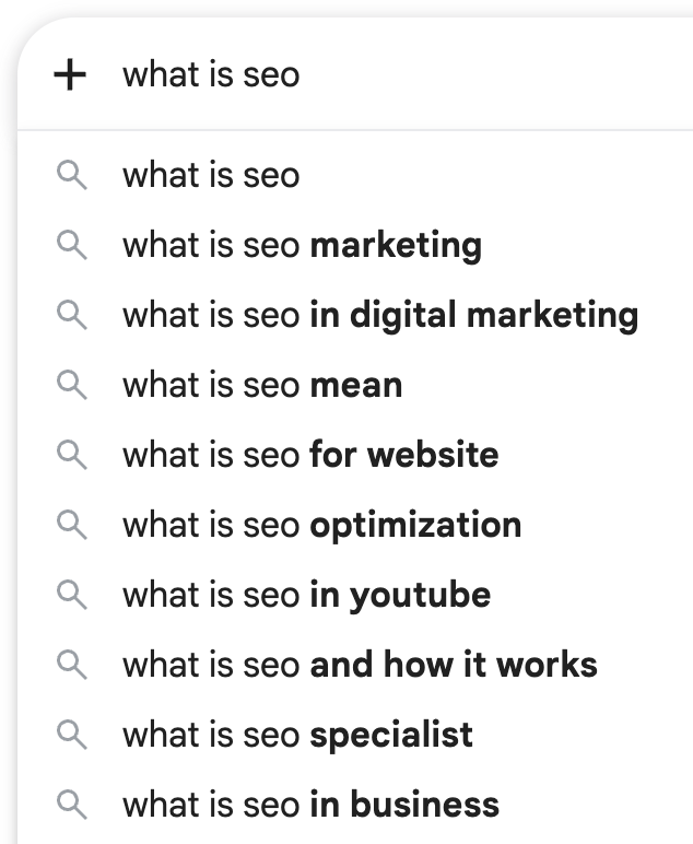 Google Autosuggest suggestions related to the search term "What is seo"